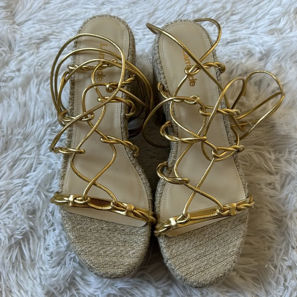 Larroude Coco Platform Sandal In Raffia and Gold Metallic Leather
